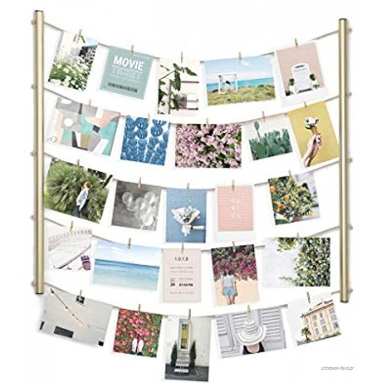 Umbra Hangit Fotowand – Collagenbilderrahmen mit Drahtgarn und Mini Wäscheklammern zum Aufhängen von Fotos Bildern Postkarten und Kunst Mattes Messing