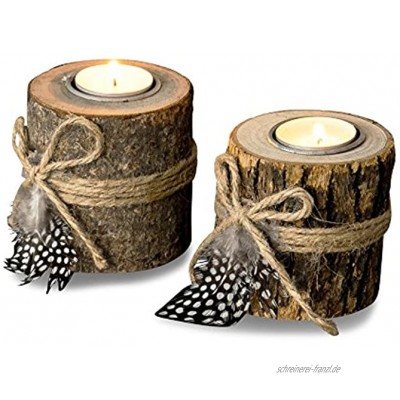 levandeo 2er Set Teelichthalter Holz je 8,5cm hoch Kerzenhalter Federn Kerzenständer Tischdeko