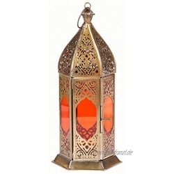 Orientalische Laterne aus Metall & Glas Basma Orange 24cm | orientalisches Windlicht | Marokkanische Glaslaterne für innen | Marokkanisches Gartenwindlicht für draußen als Gartenlaterne