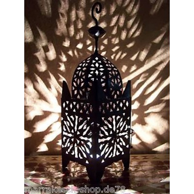 Orientalische Laterne aus Metall Schwarz Frane 42cm groß | Marokkanische Gartenlaterne für draußen Innen als Tischlaterne | Marokkanisches Gartenwindlicht Windlicht hängend oder zum hinstellen