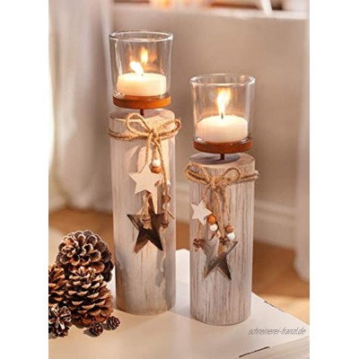 Dekoleidenschaft 2X Windlichtsäule “Stern” aus Holz und Glas Teelichthalter im Shabby Look Kerzenständer Adventsdeko
