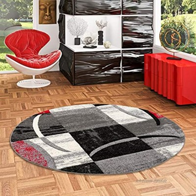 Designer Teppich Brilliant Karo Rot Grau Trend Rund in 3 Größen