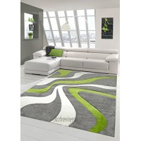 Designer Teppich Moderner Teppich Wohnzimmer Teppich Kurzflor Teppich mit Konturenschnitt Wellenmuster Grün Grau Weiss Größe 120x170 cm