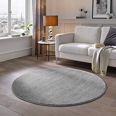 Kurzflor Teppich Designer | Flauschige Flachflor Teppiche fürs Wohnzimmer Esszimmer Schlafzimmer oder Kinderzimmer | Einfarbig Schadstoffgeprüft Grau 120 cm rund
