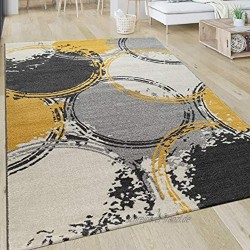 Paco Home Teppich Wohnzimmer Muster Modern Kurzflor Abstrakt Kreise In Gelb Grau Weiß Grösse:160x230 cm