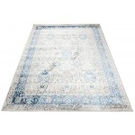 TAPISO Valley Teppich Kurzflor Vintage Weiß Grau Blau Rahmen Ornamental Used Effekt Meliert Verwischt Wohnzimmer Schlafzimmer 200 x 300 cm