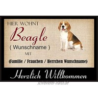 Crealuxe Fussmatte Hundemotiv Herzlich Willkommen Hier wohnt Beagle Wunschname mit Familie Wunschname Fussmatte Bedruckt Türmatte Innenmatte Schmutzmatte lustige Motivfussmatte