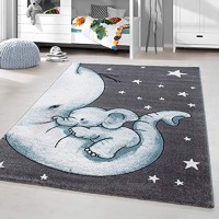 HomebyHome Kinderteppich Kurzflor Elefanten Mama Kinderzimmer Babyzimmer Grau Blau Meliert Grösse:120 cm Rund