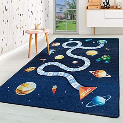 HomebyHome Kurzflor Kinderteppich Kinderzimmer Teppich Spiel Weltall Planet Rakete Blau Farbe:Marineblau Grösse:140x200 cm