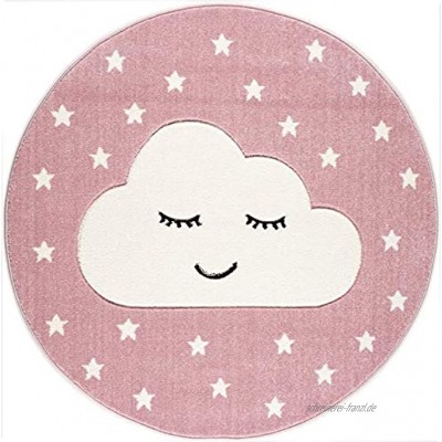 Livone Kinderzimmer Baby Teppich Kinderteppich Wolke Sterne rosa Weiss 133 cm rund