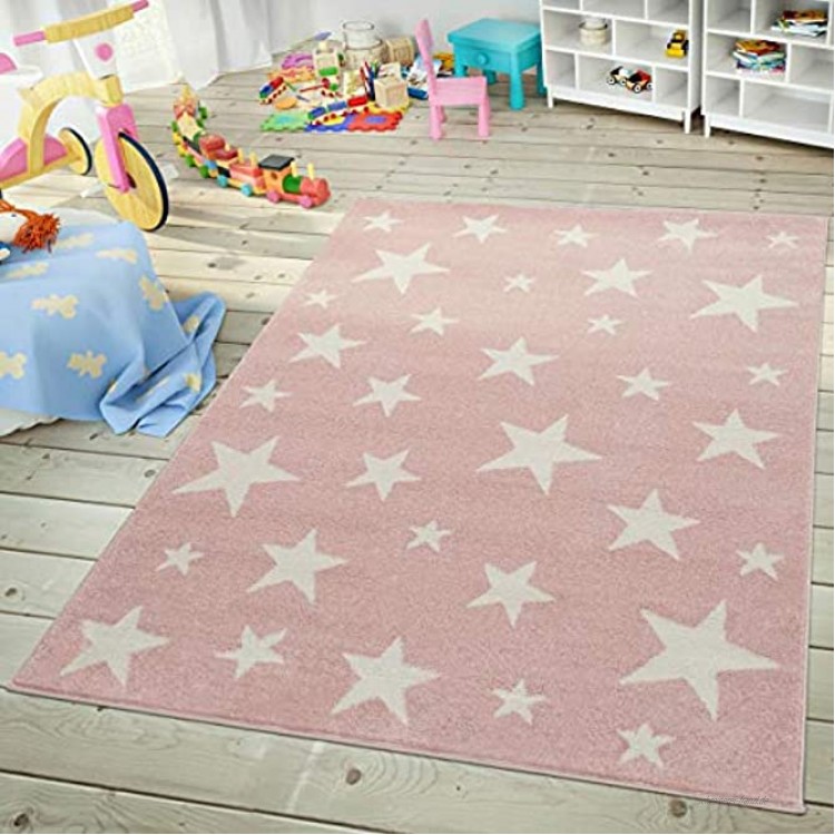 Moderner Kurzflor Kinderteppich Sternendesign Kinderzimmer Pastell Rosa Weiß Grösse:80x150 cm