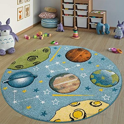 Paco Home Kinderteppich Kinderzimmer Teppich Rund Kurzflor Weltraum Planeten In Blau Grösse:Ø 160 cm Rund