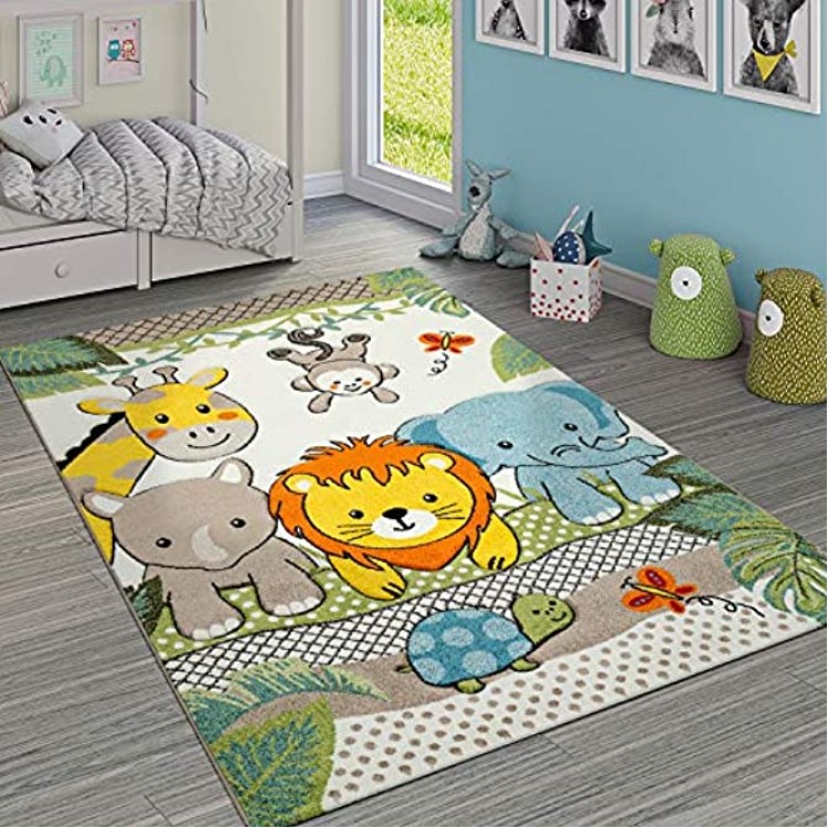 Paco Home Kinderzimmer Teppich Bunt Grün Fröhliche Tiere Zoo Dschungel Muster 3-D Design Grösse:160x230 cm