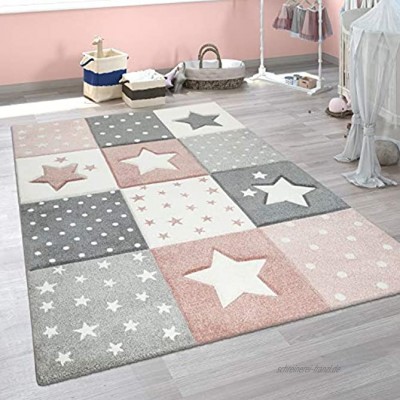 Paco Home Kinderzimmer Teppich Rosa Grau Pastellfarben Karo Muster Sterne Punkte Design Grösse:140x200 cm