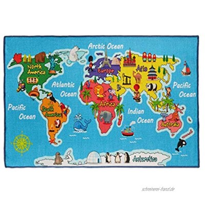 Relaxdays Kinderteppich Weltkarte 150x100 cm Spielteppich Kurzflor Anti Rutsch Beschichtung Tiere und Ozeane blau 1 Stück