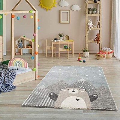 Teppich Kinderzimmer Teppiche für Kinderzimmer Kinderteppich Kinderteppich Mädchen mit Bergen Bär Panda Punkte Herz Sterne Türkis-Beige Größe: 80x150 cm
