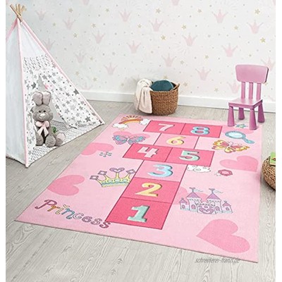 the carpet Happy Life Kinderzimmer Kinderteppich Spielteppich Waschbar Zahlenteppich Hüpfteppich Zahlen Pink 140 x 200 cm