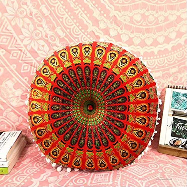 Casa Moro Indisches Yogakissen Mandala Saira Rot & Grün mit Füllung Ø 55cm x Höhe 12cm rund aus Baumwolle | Orientalisches Sitzkissen Zierkissen Boho Chillkissen für einfach schöner Wohnen | MA4206