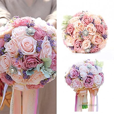 LianLe Blumenstrauß Künstliche Seide mit Rosen Lavendel Perlen Blättern Hochzeit Brautstrauß