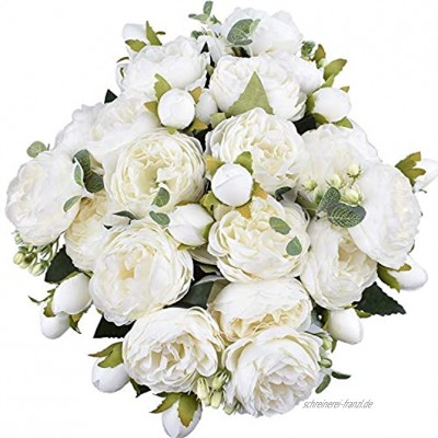 XONOR 4 Stücke Künstliche Pfingstrose Seidenblumen Gefälschte Glorious Blumensträuße für Hochzeitsfest-Hochzeitsdekoration 5 Gabeln 9 Kopf Weiß