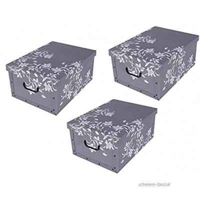 3 Stück XXL Dekokarton mit modernem Muster "Barock Blumen Grau" Tolles Motiv passt in jeden Haushalt! Edel und hochwertig! Mit Griffen zum Tragen und XXL Volumen!