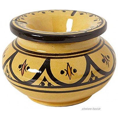 Casa Moro Marokkanischer Keramik Aschenbecher Gelb mit Deckel Ø 12cm | Windaschenbecher handbemalt & handgetöpfert | Kunsthandwerk aus Marrakesch | KE5002