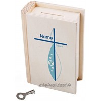 Striefchen® Sparbüchse aus Holz als Buch zur Taufe Kommunion Konfirmation mit Namen und Datum für Jungen