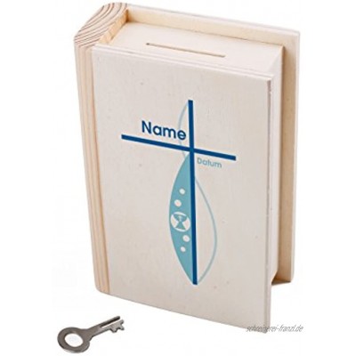 Striefchen® Sparbüchse aus Holz als Buch zur Taufe Kommunion Konfirmation mit Namen und Datum für Jungen