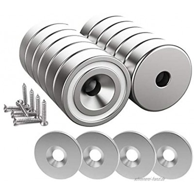 Magnetpro 12 Stück Magnete 10 KG Kraft 20 x 7 mm mit Loch und Kapsel Senkkopf-Topfmagnet mit Schrauben und 12 Stahlkissen