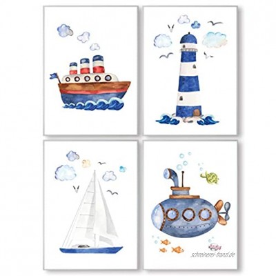 Pandawal Ahoi Poster 4er Set DIN A4 Kinder Bilder für Junge und Mädchen Kinderzimmer Deko blau Maritim mit Meer Möwen Schiff Leuchtturm Uboot T18