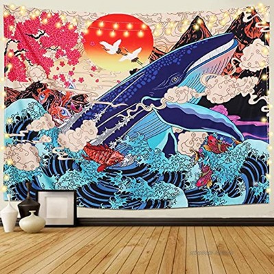 Dremisland Japanische Ukiyo-e Tapisserie Welle Koi Wandteppich groß Wal Tier Sonnenuntergang Landschaft Tapisserie Wandbehang Tuch Wandtuch Dekoration für Schlafzimmer WohnzimmerWelle M 130x150cm