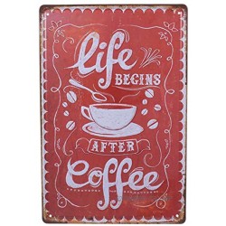 VOSAREA Blechschild Life Begins Coffee Kaffee Tasse Muster Vintage Eisen Wandschild Metallschild Türschild Wand Dekoration Rot