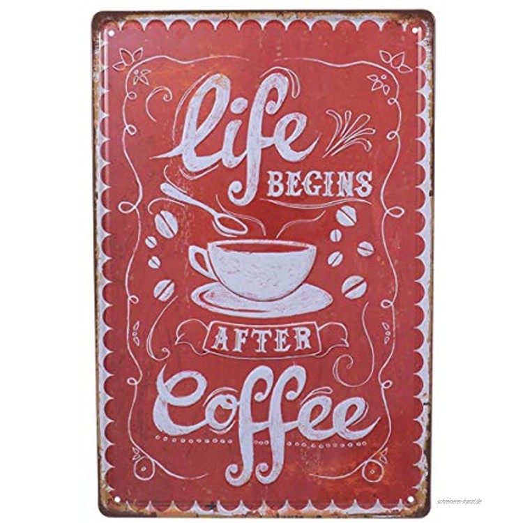 VOSAREA Blechschild Life Begins Coffee Kaffee Tasse Muster Vintage Eisen Wandschild Metallschild Türschild Wand Dekoration Rot