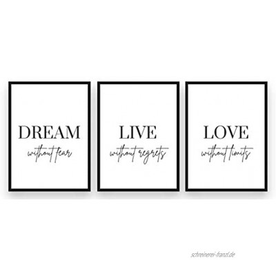 Freyheit | Premium Poster Set | stilvolles 3er-Set für Wohnzimmer oder Schlafzimmer in schwarz-weiß | 3 Stück in DIN A4 21x30cm | ohne Bilderrahmen » Dream Live Love «