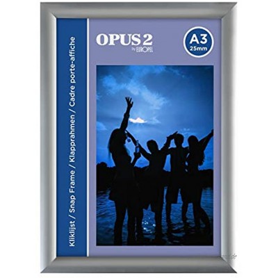 OPUS 2 Klapprahmen A3 mit 25 mm Aluminium-Profil aufklappbarer Plakatrahmen mit Gehrungsecke Schnapprahmen für u.a. Poster Zertifikate Fotos & Werbemittel Silber