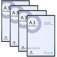 A3 Fotorahmen Metall Aluminium 4er-Set mit Plexiglas-Vorderseite für Wandhalterung 29,7 x 42 cm schwarzer Bilderrahmen für Zertifikat-Poster-Wanddekoration