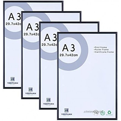 A3 Fotorahmen Metall Aluminium 4er-Set mit Plexiglas-Vorderseite für Wandhalterung 29,7 x 42 cm schwarzer Bilderrahmen für Zertifikat-Poster-Wanddekoration