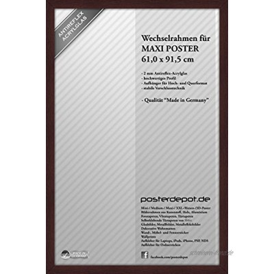Holzrahmen Bilderrahmen Wechselrahmen für Maxi Poster Größe 61 x 91,5 cm wenge braun palisander rotbraun Antireflex Acrylglas Woodline Qualitätsrahmen